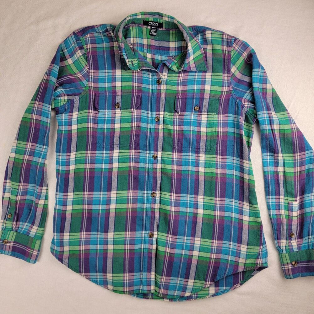 Vintage Chaps Ralph Lauren Women's M Plaid Cotton Flannel Blue Green 90s Y2K